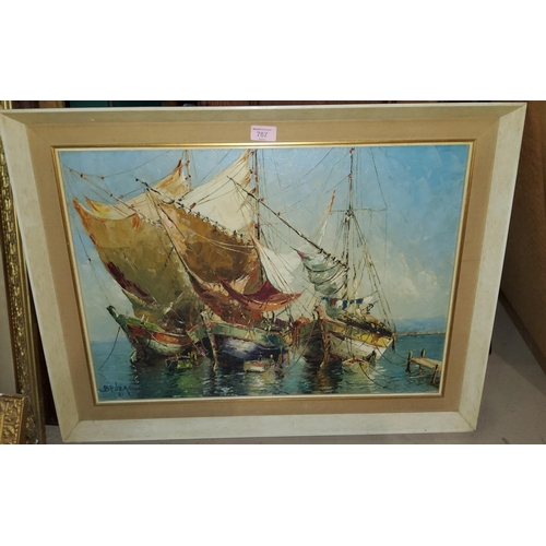 787 - A 20th century Impressionist school, 3 moored fishing boats, oil on canvas, signed, indistinctly, 44... 