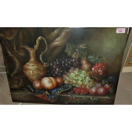 788 - K.Rykiel Still life of claret jug and fruit, oil on canvas, 46 x 61cm unframedR.H.Fawkes, 