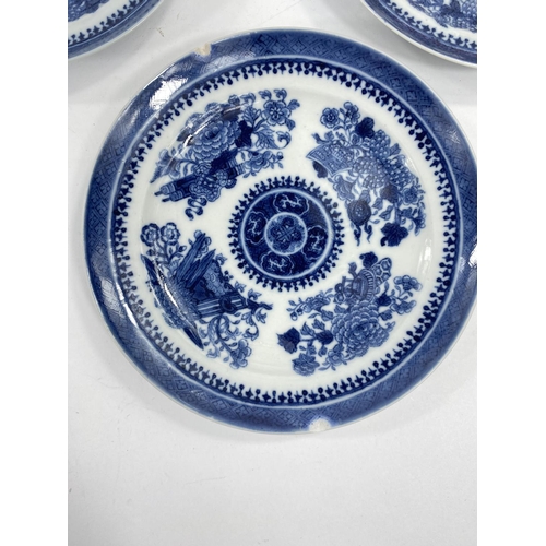 443 - Five 19th century Chinese blue and white, 2 larger, 3 smaller, diameters 15cm and 19.5cm (some chipp... 