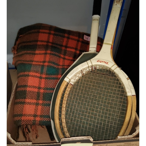 139 - An Otterburn pure tartan woollen throw 216cm x 188cm; 4 vintage tennis racquets