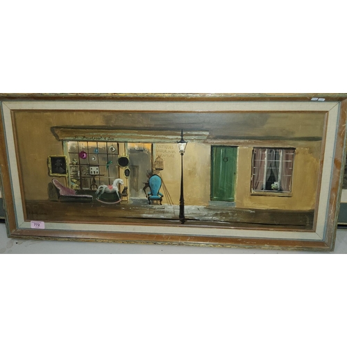 772 - Debra Jones: An antique shop front, oil on board, framed
