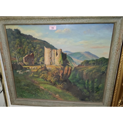 786 - 19th century French ruined castle on a hill with sheep and shepherd, oil on board, attributed indist... 