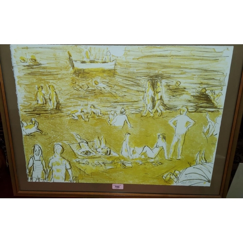 789 - 20th century: Lithograph, figures on a beach, signed in pencil, 47 x 63cm