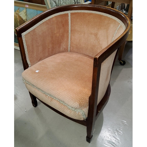833B - Edwardian mahogany bow armchair in peach and a 1930's Art Deco walnut arm chair.