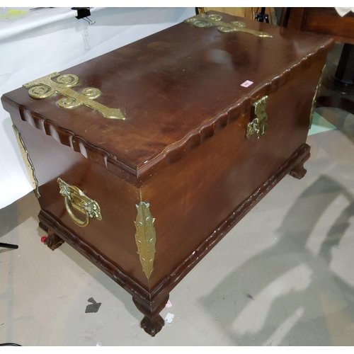 839 - An impressive reproduction continental style chest with hinged lid with large brass hinges, handles ... 