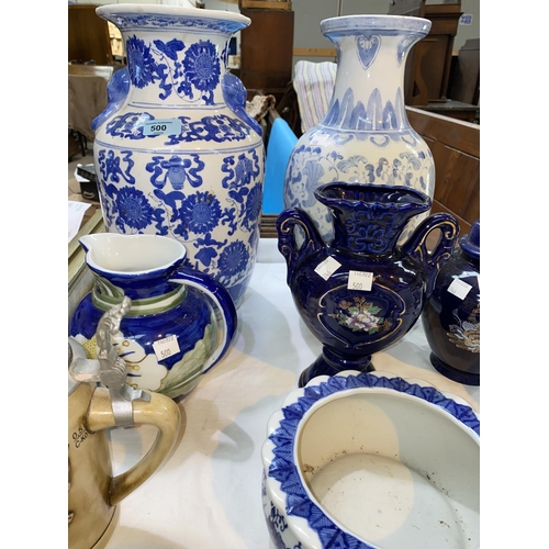 500 - A 19th century Wedgwood blue Jasperware biscuit barrel; 2 Chinese large modern blue & white vase... 