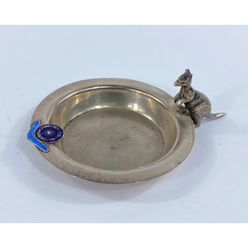 628 - An Australian silver plated ash tray with kangaroo and anenamel badge for Benalla