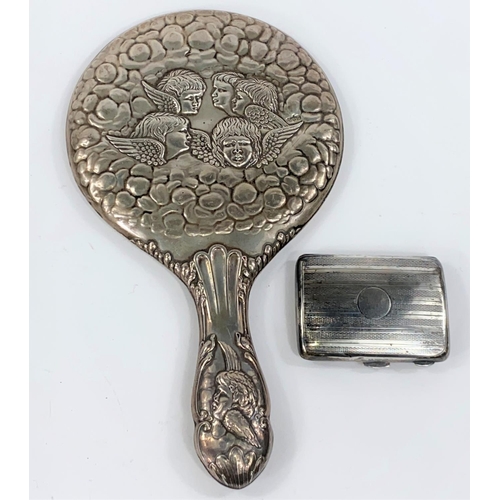 633 - A silver back hand mirror with embossed cherubs, Chester 1901; an engine turned cigarette case, Birm... 