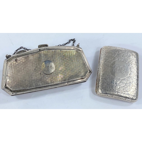 653 - A chased cigarette case, Birmingham 1895, 2.5oz; hallmarked silver ladies silver evening purse (mark... 