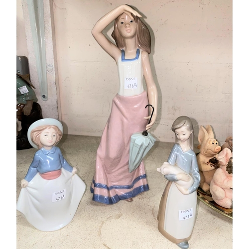471A - A large Nao girl with umbrella; similar smaller Lladro and Nao figure of girls.