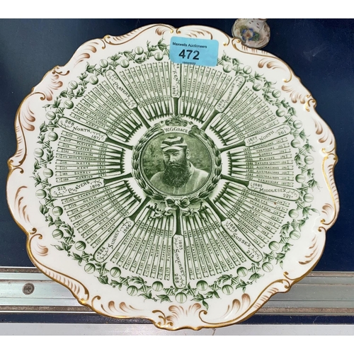 472 - A Coalport dish commemorating W.G Grace 'A century of centuries' 1866-1895 green text, diameter 23cm