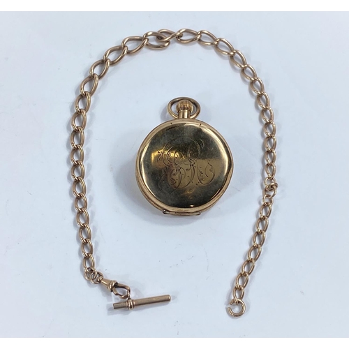 760 - A curb chain Albert, the clip and bar stamped '9c'; a gold plated Waltham pocket watch, tests as 9ct... 