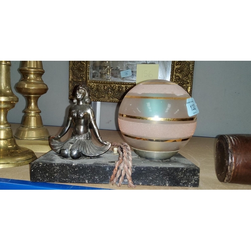 132 - An Art Deco table lamp with bronzed girl kneeling on slate plinth; an inlaid cigarette box