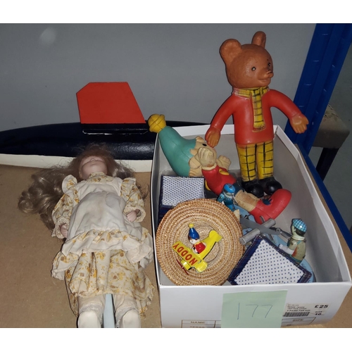 177 - A 1970's Noddy toy, a similar Rupert Bear, a tinplate wind up toy and a Noddy Diecast toy, a porcela... 