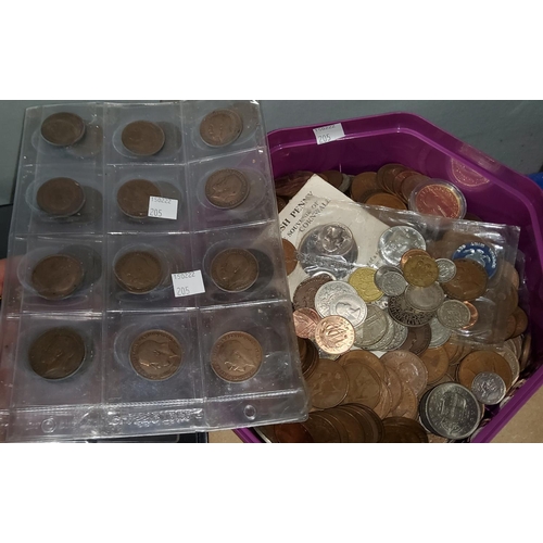 205 - A selection of old GB pennies and other coins