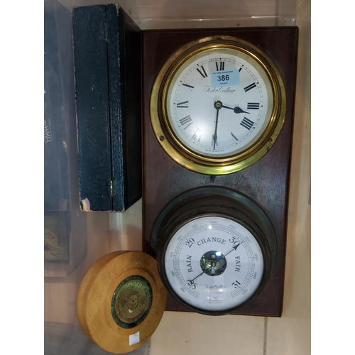 386 - A clock/barometer set mounted on mahogany plaque; a perpetual calendar