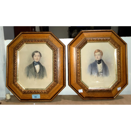 50 - Continental 19th century, a pair of half length watercolour portraits of young men, signed WAGEMAM, ... 