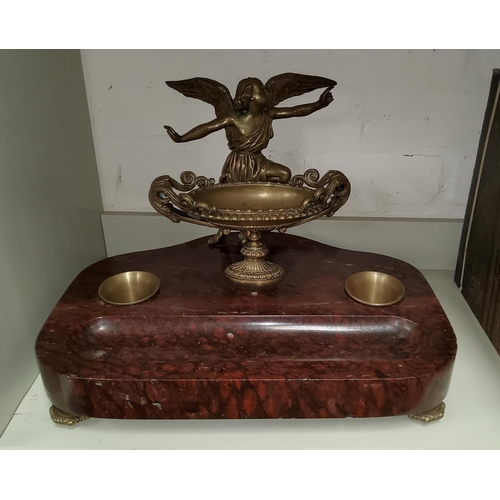 51 - A large brass and marble, 19th century style desk set, with marble base, brass angel with bowl and t... 