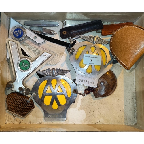 7 - Two vintage AA badges; 2 other old car badges; penknives; collectables