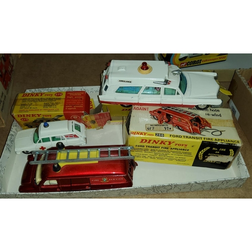 70 - Three Dinky cars in original boxes:  267 Superior Cadillac Ambulance; 286 Ford Transit fire applianc... 