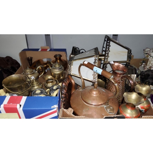 8 - A 19th century copper kettle; a pair of brass table lamps; an Art Deco chrome and pottery tea set of... 
