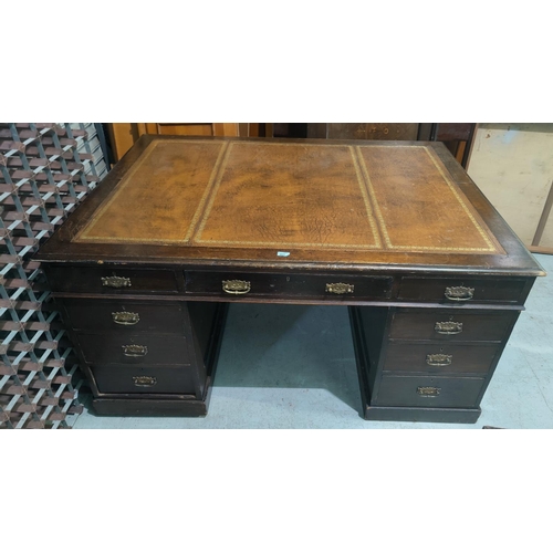 803 - A large oak and mahogany partners pedestal desk three drawers to each pedestal and three drawers to ... 