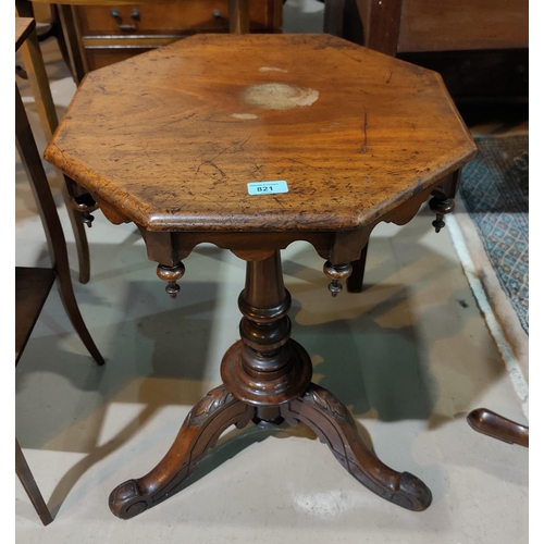 821 - A Victorian mahogany pedestal table with octagonal top, turned column and triple scroll feet, diamet... 
