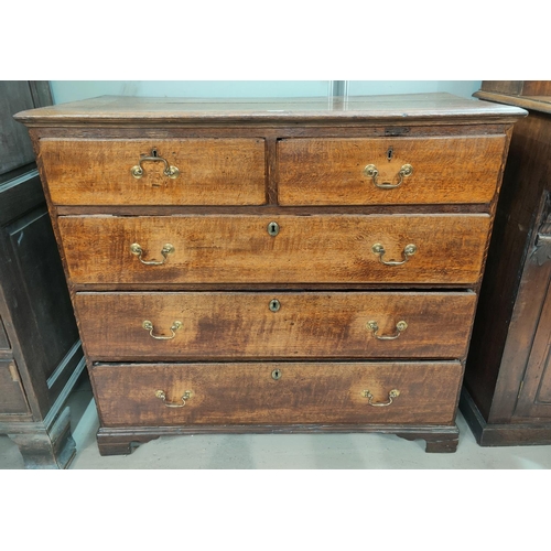 871 - An 18th century oak chest of 3 long and 2 short drawers with brass drop handles, on bracket feet