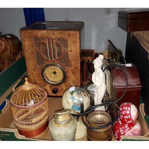 9 - A reproduction mains radio; decorative items; carved elephants; clocks; other bric-a-brac