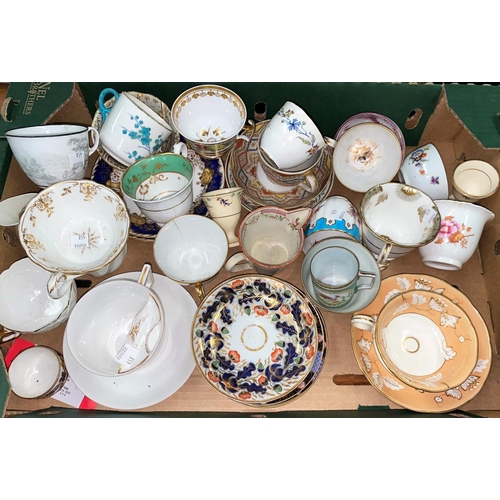 458 - A selection of 19th century bone china cups and saucers, mostly unmatched, mostly at fault.