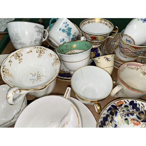 458 - A selection of 19th century bone china cups and saucers, mostly unmatched, mostly at fault.