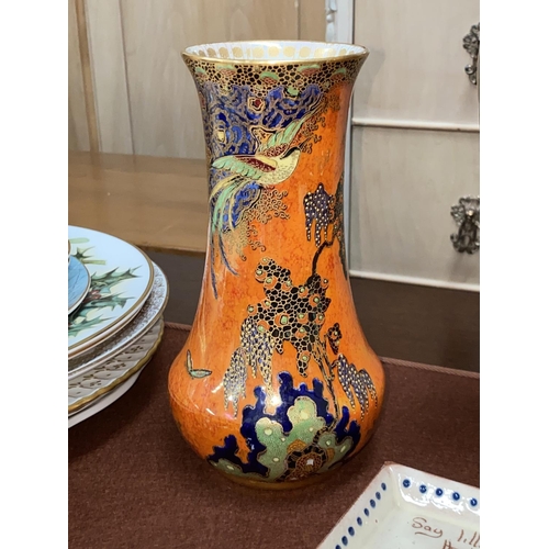 486 - A 1930's Carlton lustre vase; an Imari plaque and decorative china
