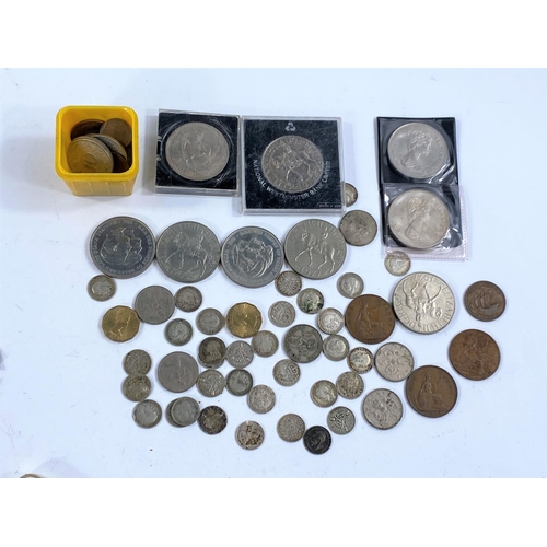 632 - A selection of modern pre-decimal and commemorative coins; various watch chains and medallions