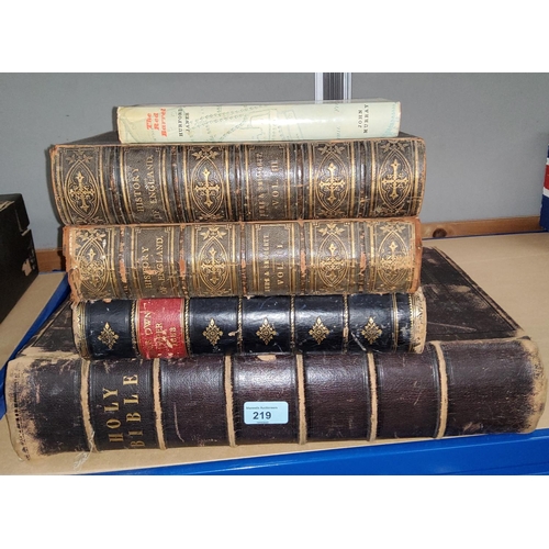 219 - Two leather bound volumes of the History of Britain by Hume & Smollett; 2 other books; a very la... 