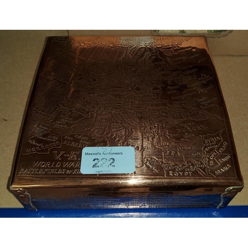 222 - WWII V-E commemorative cigar box recovered from the battlefields, Battlefields of Europe, copper ove... 