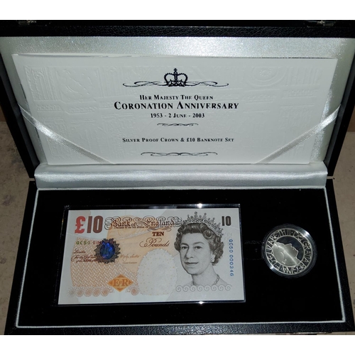 281 - GB:  2003 Coronation 50th Anniversary, £10 note, £5 silver proof Crown, cased