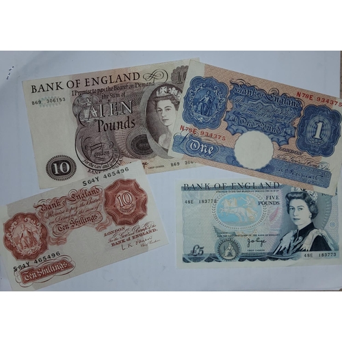 288 - GB:  4 banknotes, O'Brien 10s; Peppiatt £1, Page £5, Page £10