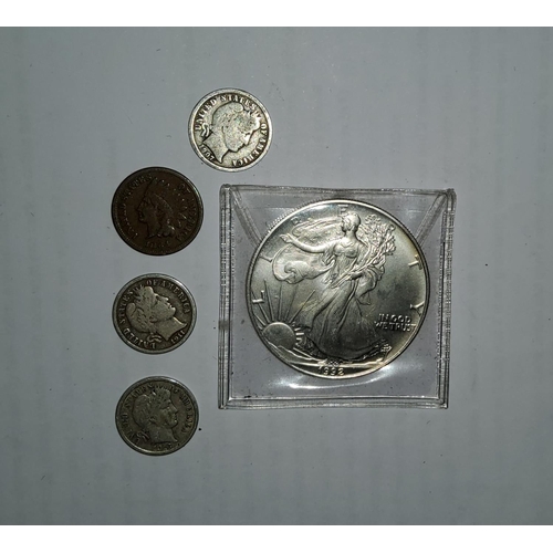 290 - US:  1 Dollar fine silver, 1992, dimes 1907, 1911, 1916, 1 cent 1864
