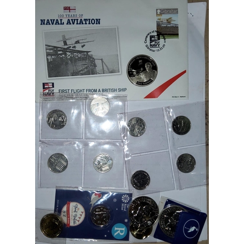 294 - GB:  A Naval Aviation centenary £5 coin cover; 9 alphabet 10p coins; 2 x £5 coins; ... 