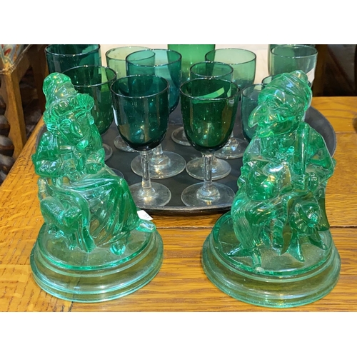 456 - A pair of 19th century pressed green glass figures of Punch & Judy, anchor mark, 17cm; a selecti... 