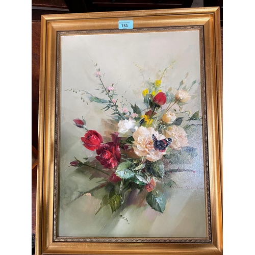 753 - Vernon Ward:  Bouquet of roses with butterfly, oil on board, signed, 52 x 37 cm, framed