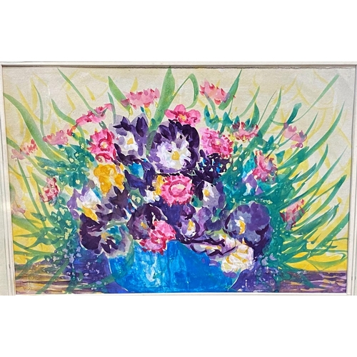 738 - Still Life of Flowers in a blue bowl on table, watercolour, initialled SWS, 21 x 31cm, mounted and f... 
