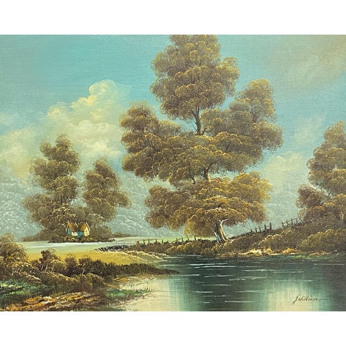 739 - J Williams (20th century): Country landscape with lake in foreground and farmhouse in the distance, ... 