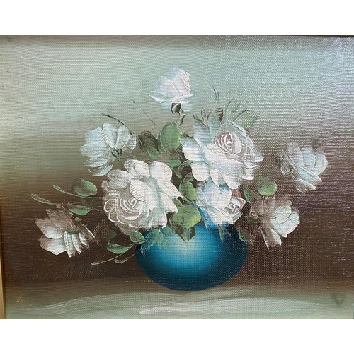 740 - 20th Century - Still Life of roses in a blue bowl on a table, oil on canvas, unsigned, 19 x 24cm, fr... 