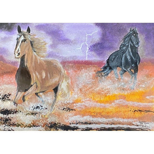 741 - Dave Smith: 'Fleeing the Storm', two frightened horses running from a lightening storm, acrylic, sig... 