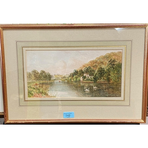 742 - Walter Duncan (Exh 1880 - 1906): large castle on bank of river with swans, watercolour, 16 x 32cm, g... 