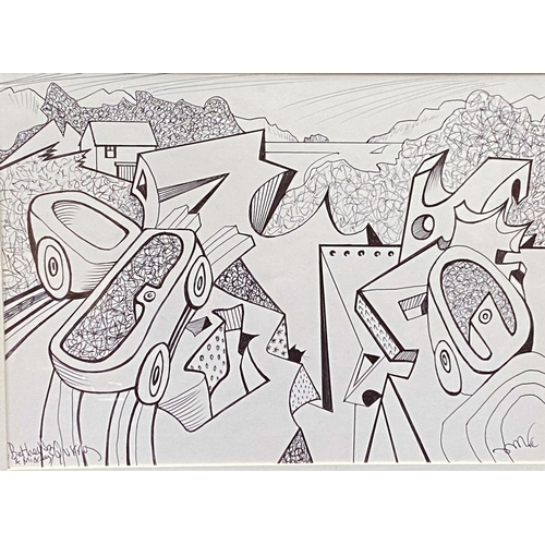 745 - David Wilde: Northern Artist, abstract scene 'Bethesda Quarry with Mickey', pen and ink on card, 20 ... 