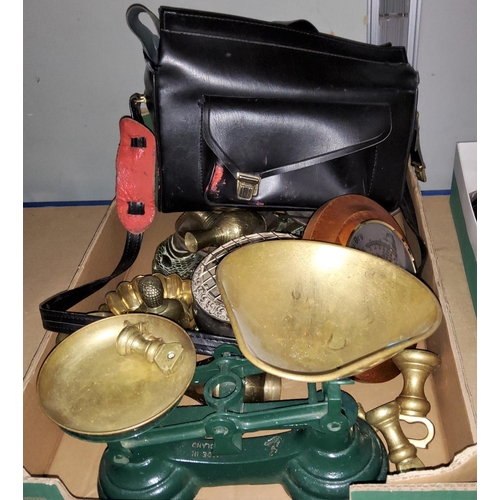 162 - A vintage set of scales, a selection of brassware, a vintage Yashica SLR camera