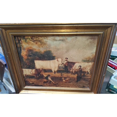 185 - A Rountree's Cocoa cardboard advertising sign; a textured print of a traditional cow, in gilt frame