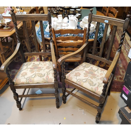 782 - Two oak carver chairs with barley twist legs and uprights